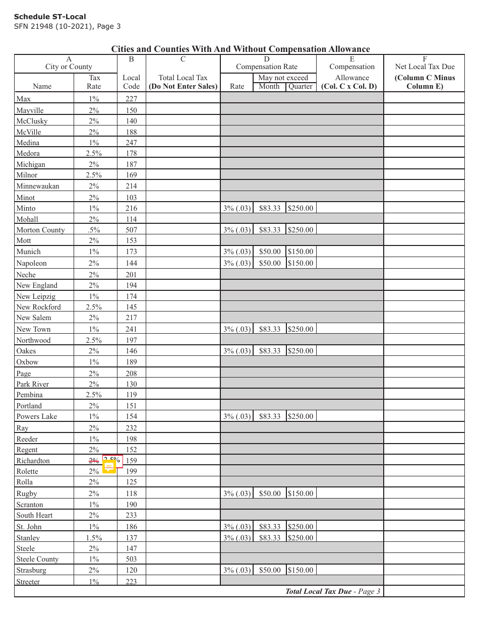 Form SFN21948 Schedule ST-LOCAL Local Sales, Use  Gross Receipts Taxes - North Dakota, Page 3