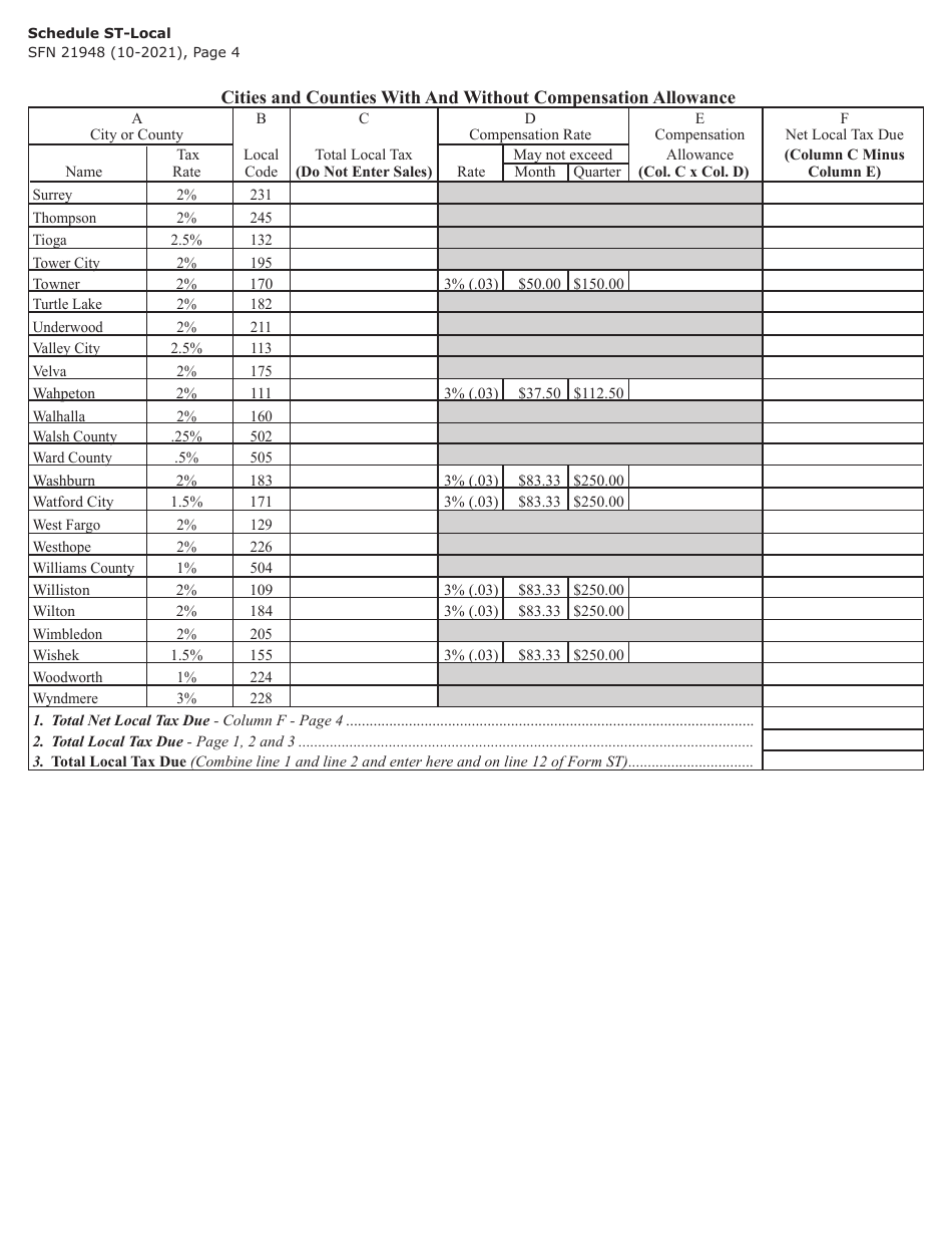 Form SFN21948 Schedule ST-LOCAL Local Sales, Use  Gross Receipts Taxes - North Dakota, Page 4