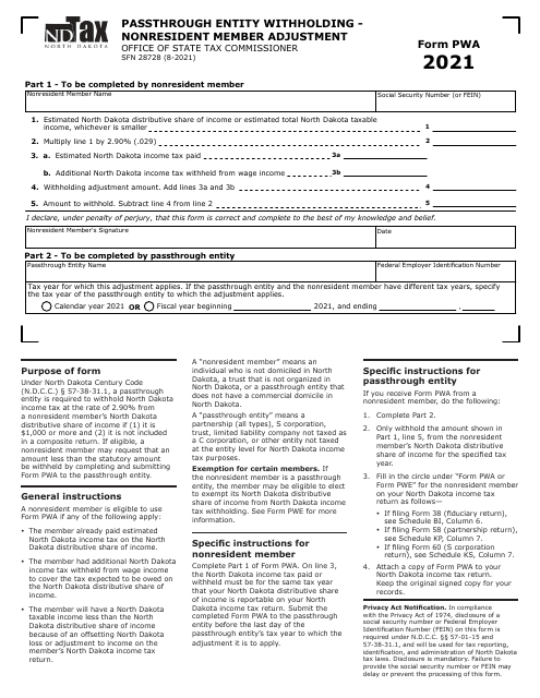 Form SFN28728 (PWA) Passthrough Entity Withholding - Nonresident Member Adjustment - North Dakota, 2021