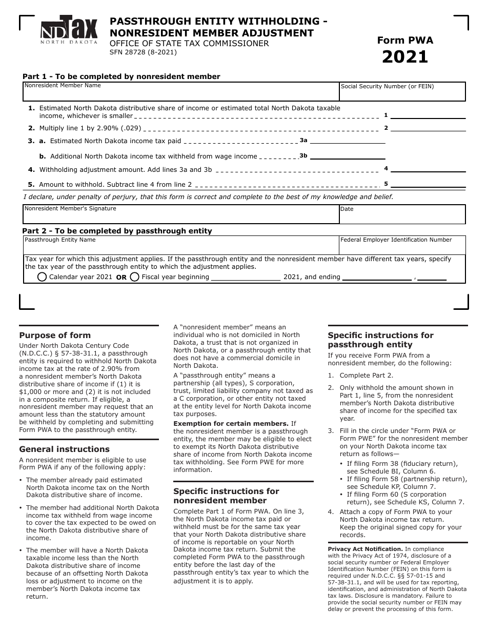 Form SFN28728 (PWA) Passthrough Entity Withholding - Nonresident Member Adjustment - North Dakota, Page 1