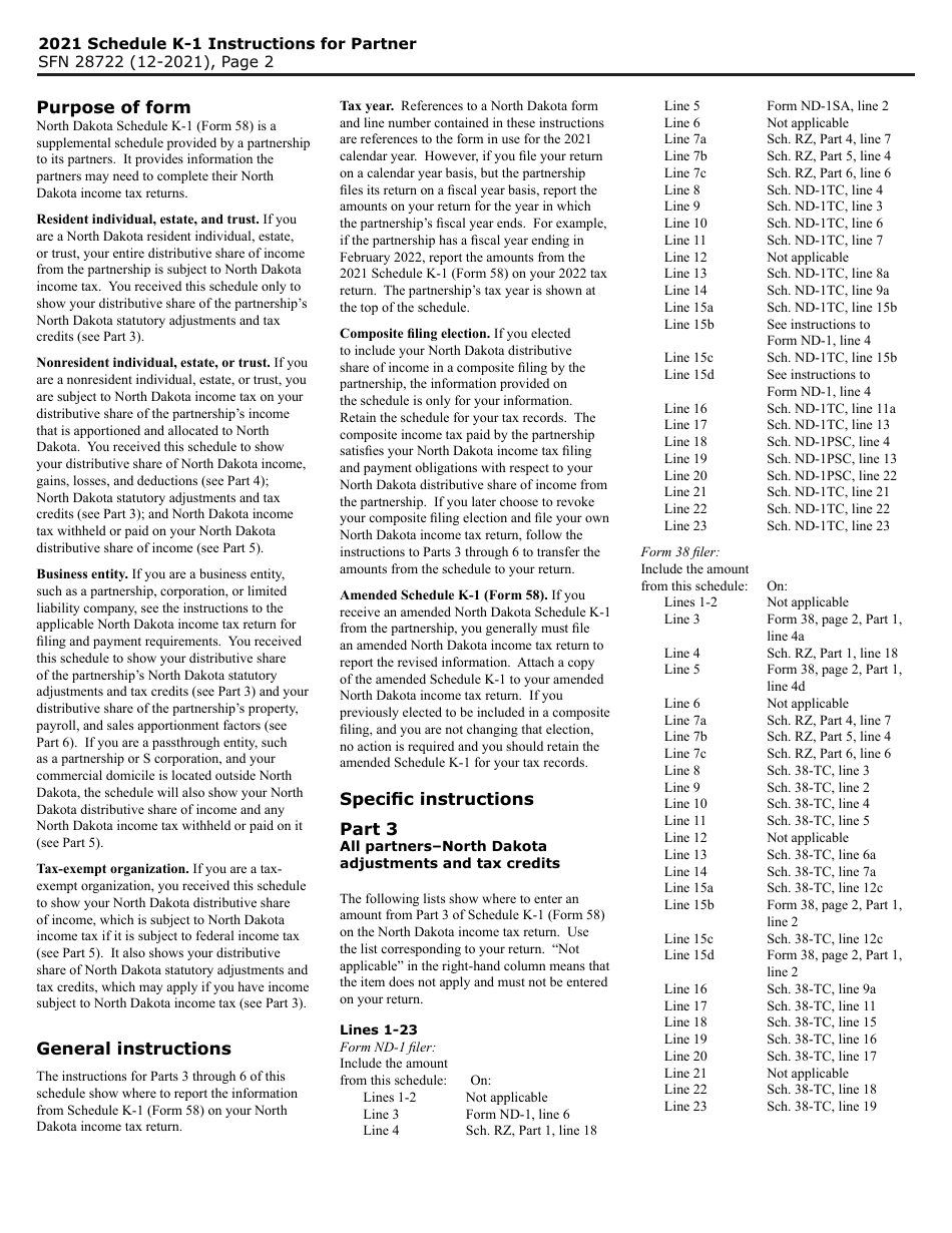 Form 58 (SFN28722) Schedule K-1 Partners Share of North Dakota Income (Loss), Deductions, Adjustments, Credits, and Other Items - North Dakota, Page 2