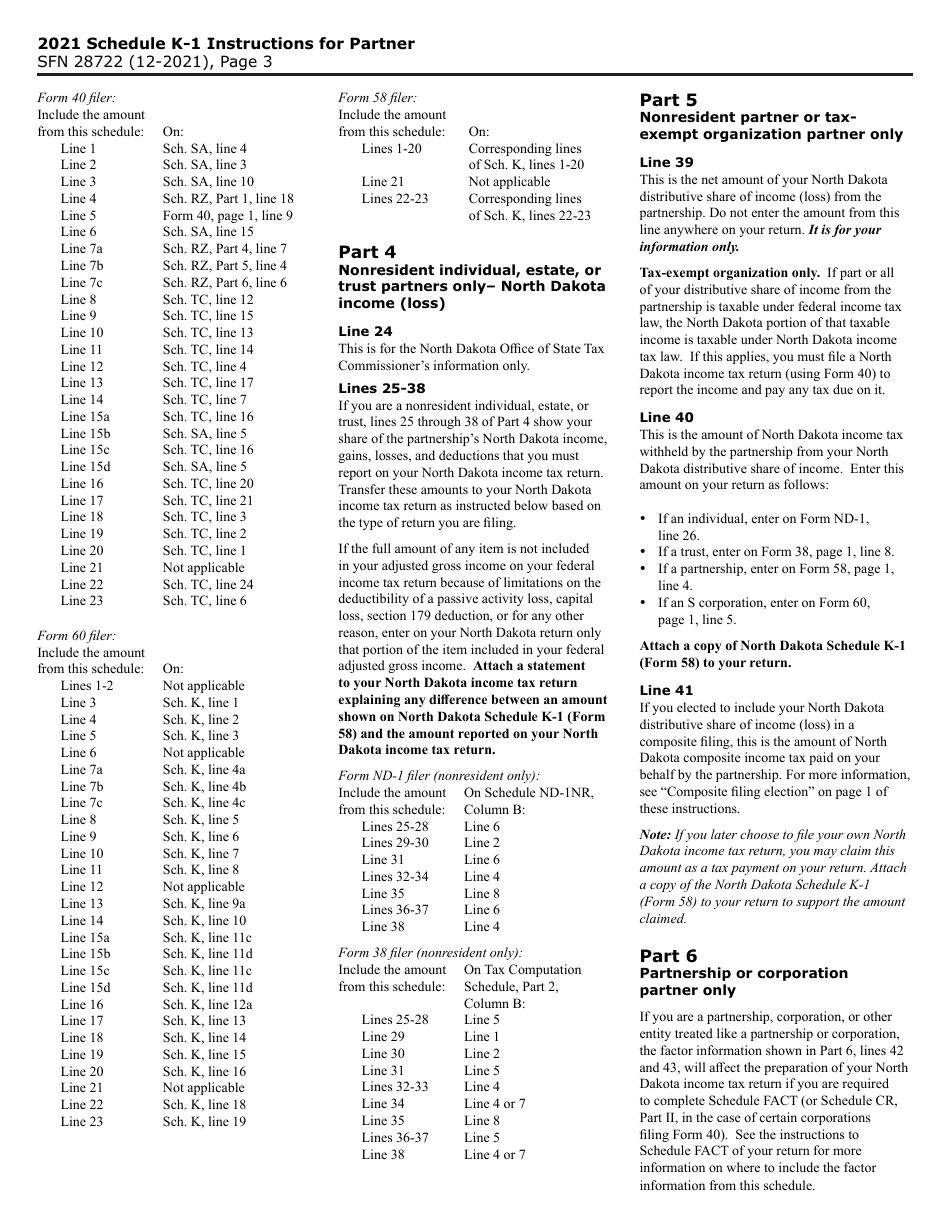 Form 58 (SFN28722) Schedule K-1 Partners Share of North Dakota Income (Loss), Deductions, Adjustments, Credits, and Other Items - North Dakota, Page 3