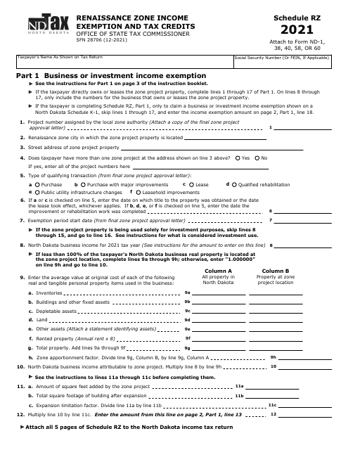 Form SFN28706 Schedule RZ 2021 Printable Pdf