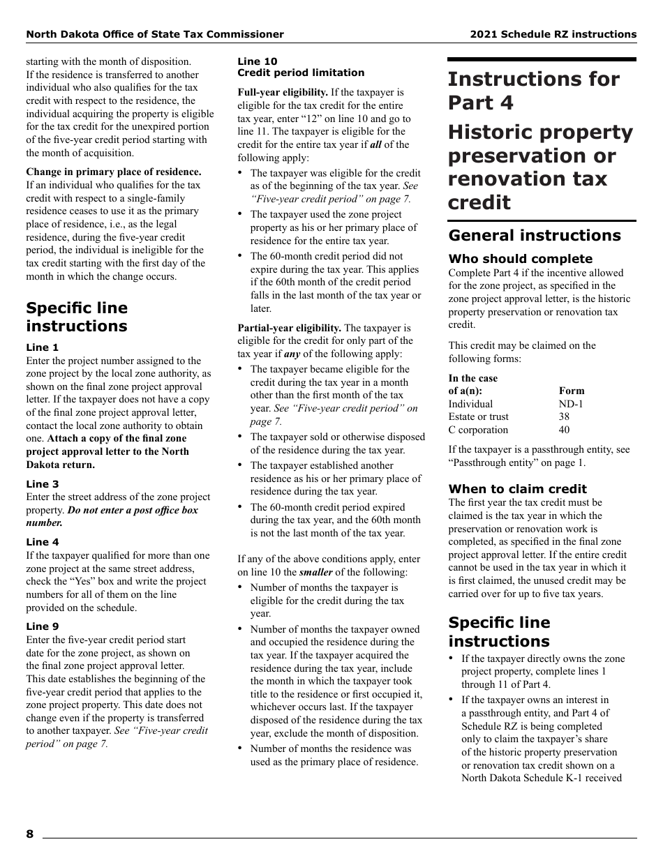 Instructions for Form SFN28706 Schedule RZ Renaissance Zone Income Exemption and Tax Credits - North Dakota, Page 10