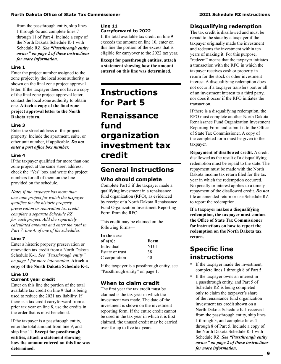 Instructions for Form SFN28706 Schedule RZ Renaissance Zone Income Exemption and Tax Credits - North Dakota, Page 11