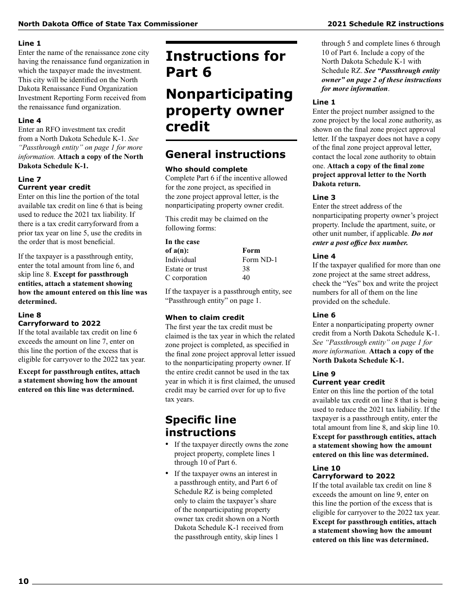 Instructions for Form SFN28706 Schedule RZ Renaissance Zone Income Exemption and Tax Credits - North Dakota, Page 12