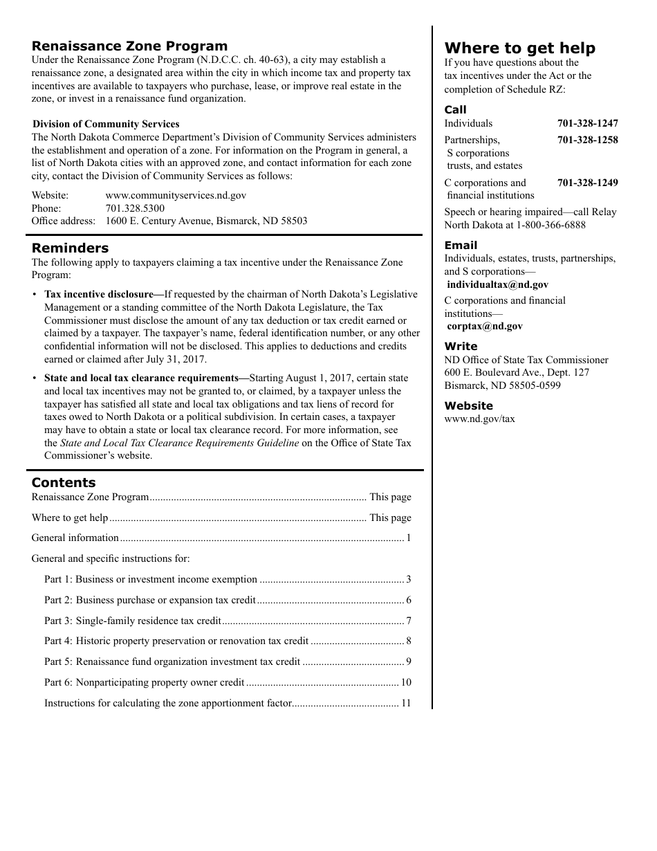 Instructions for Form SFN28706 Schedule RZ Renaissance Zone Income Exemption and Tax Credits - North Dakota, Page 2