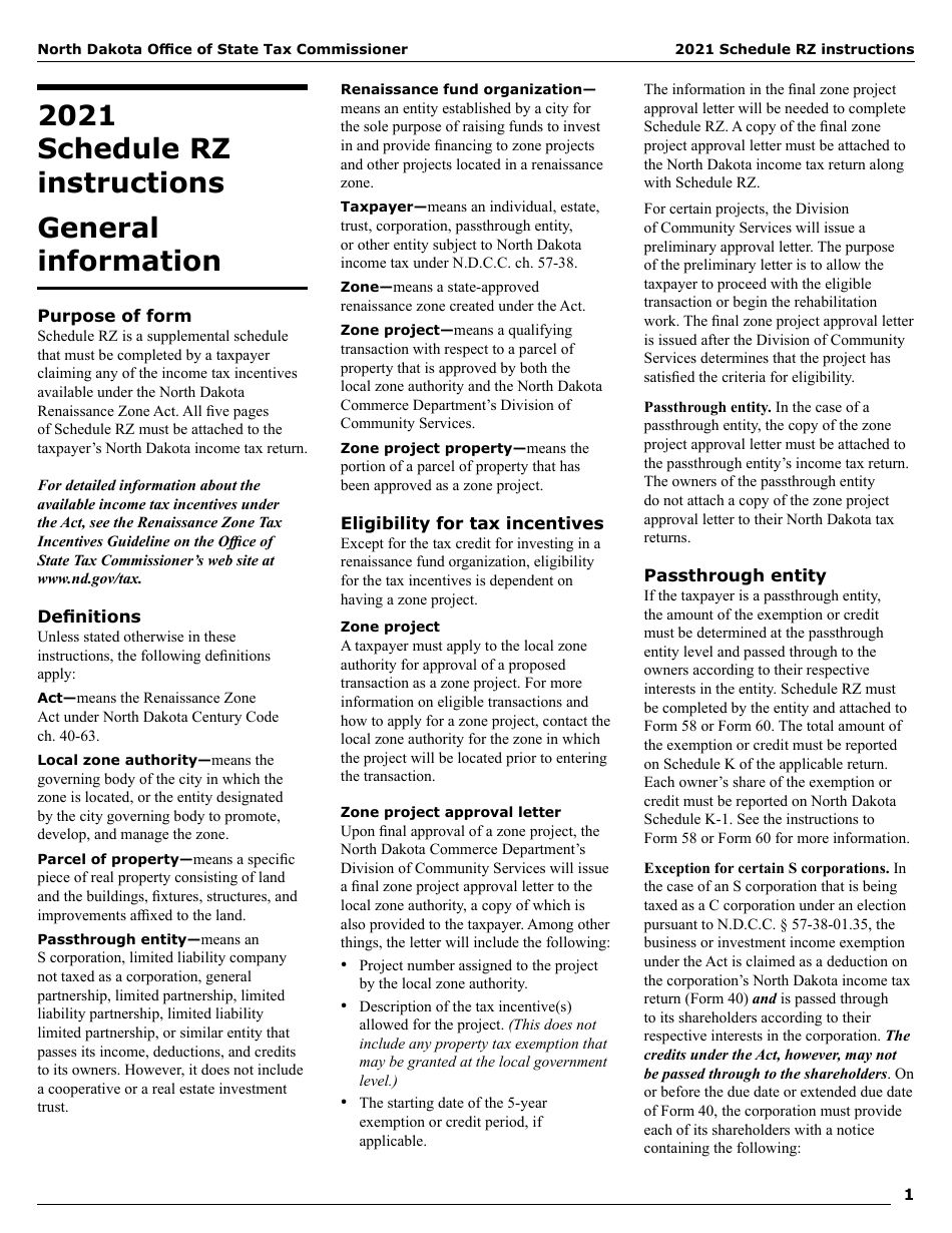 Instructions for Form SFN28706 Schedule RZ Renaissance Zone Income Exemption and Tax Credits - North Dakota, Page 3