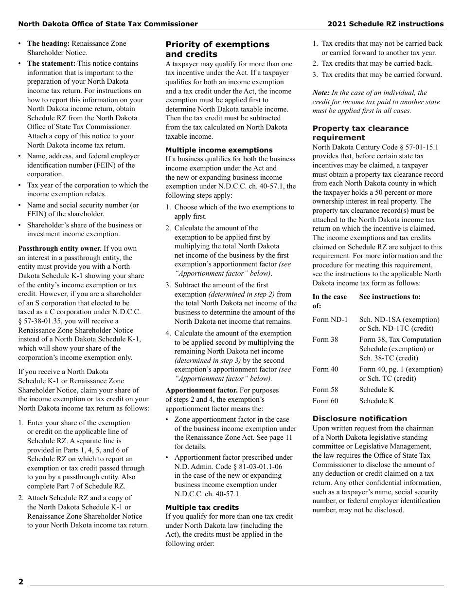 Instructions for Form SFN28706 Schedule RZ Renaissance Zone Income Exemption and Tax Credits - North Dakota, Page 4