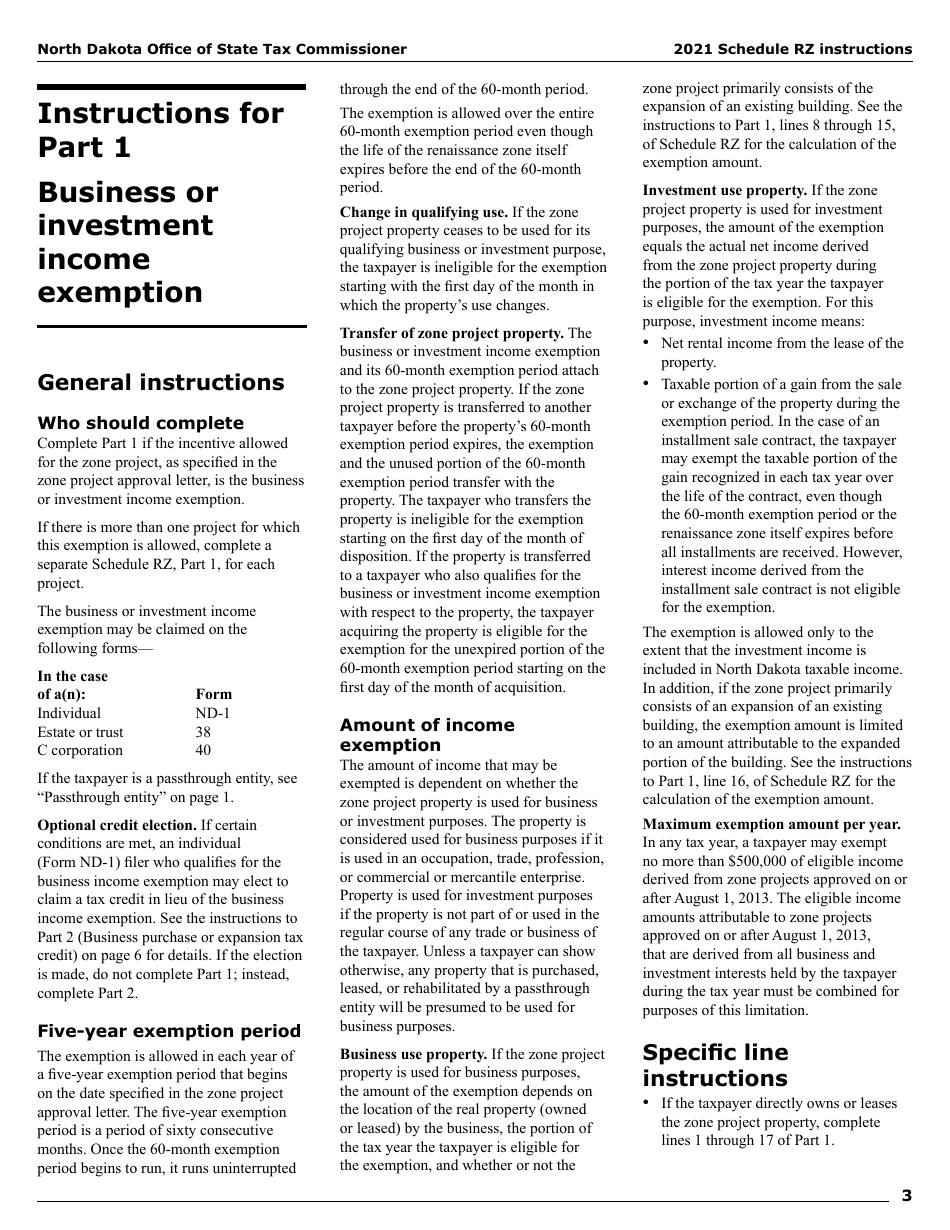 Instructions for Form SFN28706 Schedule RZ Renaissance Zone Income Exemption and Tax Credits - North Dakota, Page 5