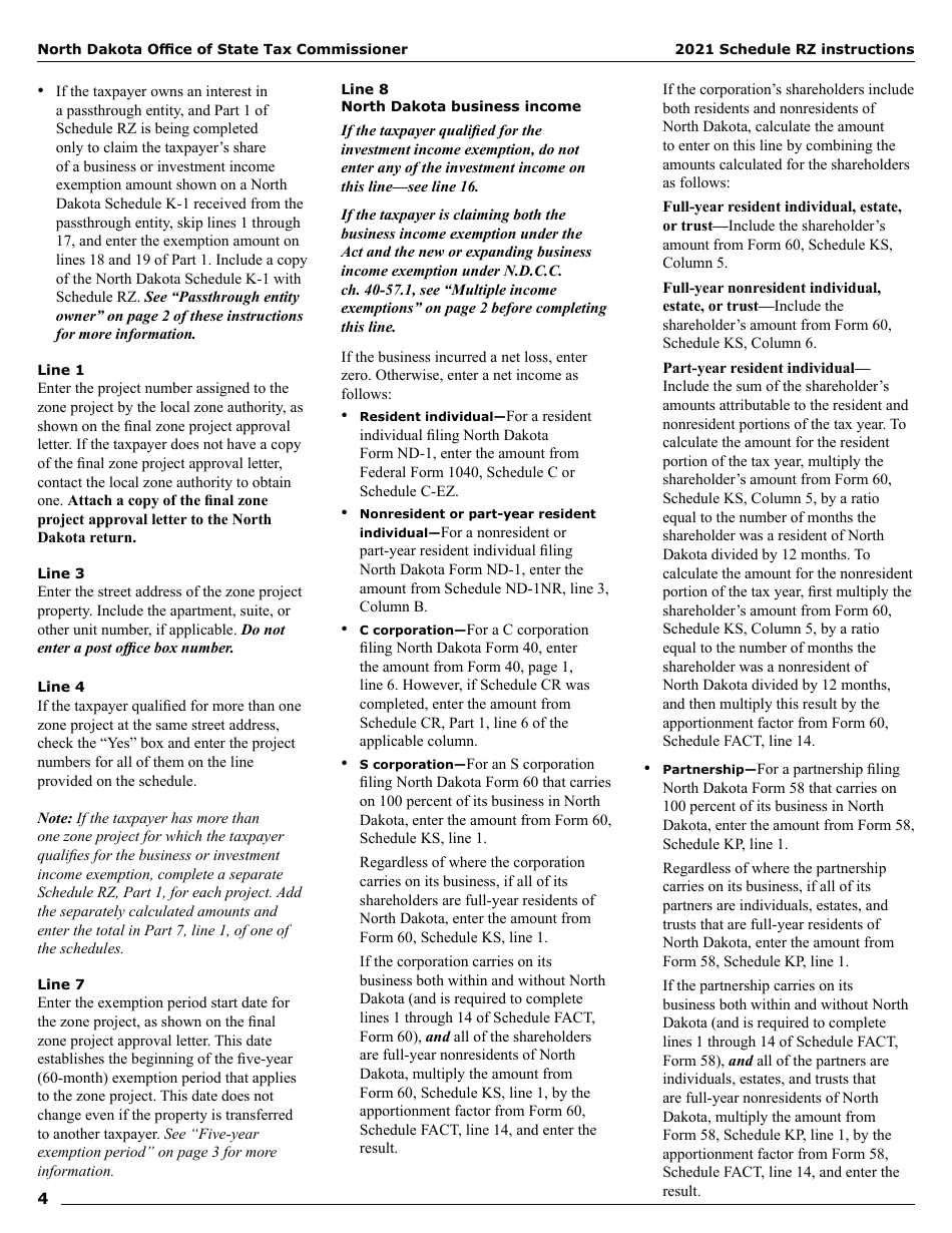 Instructions for Form SFN28706 Schedule RZ Renaissance Zone Income Exemption and Tax Credits - North Dakota, Page 6