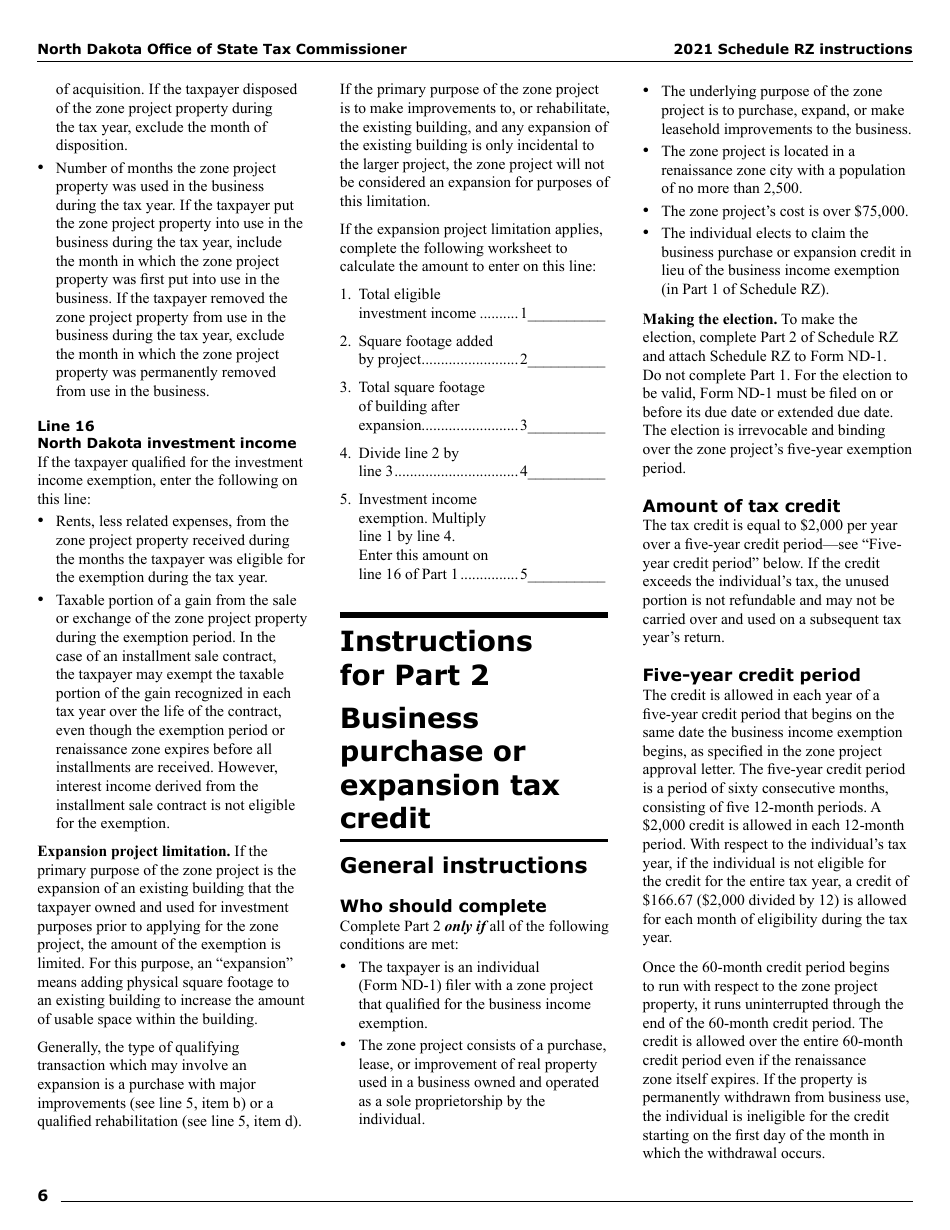 Instructions for Form SFN28706 Schedule RZ Renaissance Zone Income Exemption and Tax Credits - North Dakota, Page 8