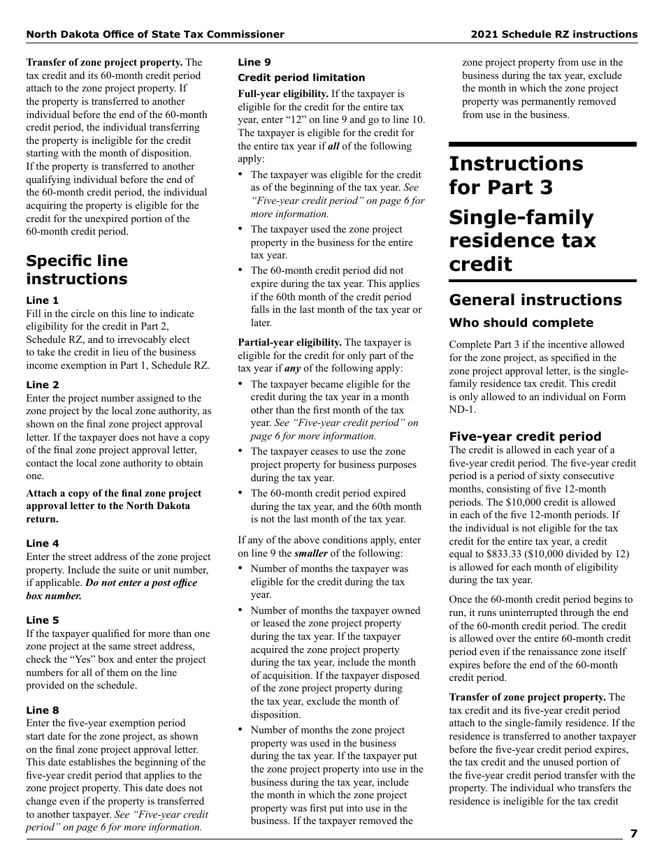 Instructions for Form SFN28706 Schedule RZ Renaissance Zone Income Exemption and Tax Credits - North Dakota, Page 9
