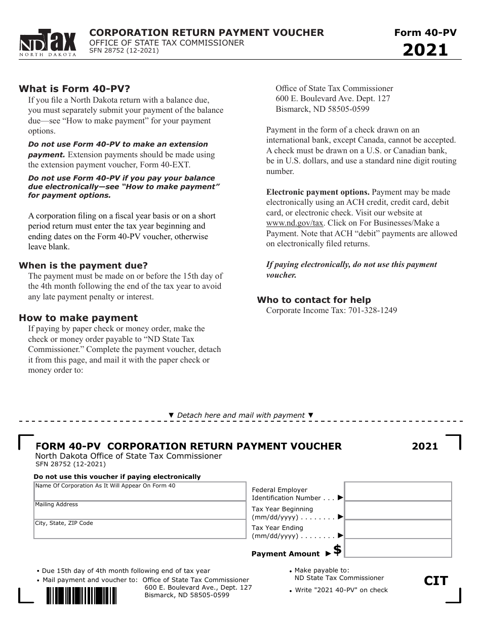 Form 40-PV (SFN28752) - 2021 - Fill Out, Sign Online and Download ...