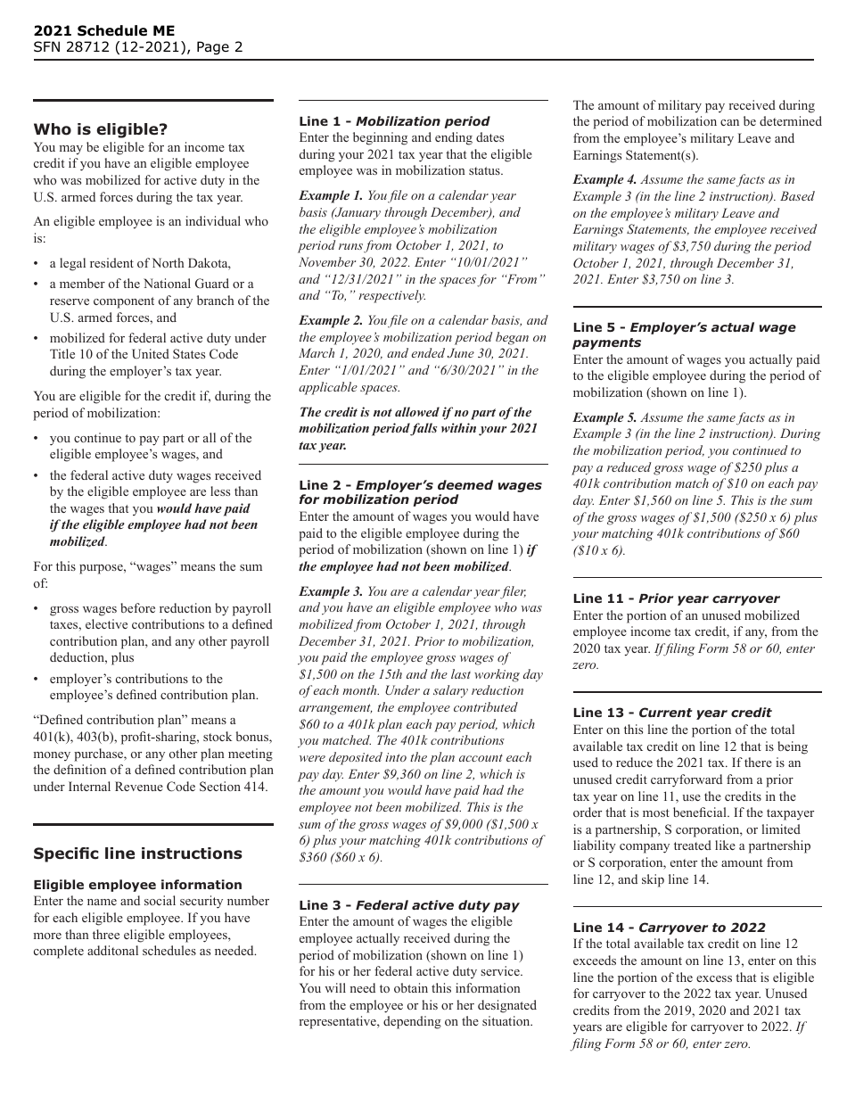 Form SFN28712 Schedule ME Credit for Wages Paid to Mobilized Employee - North Dakota, Page 2