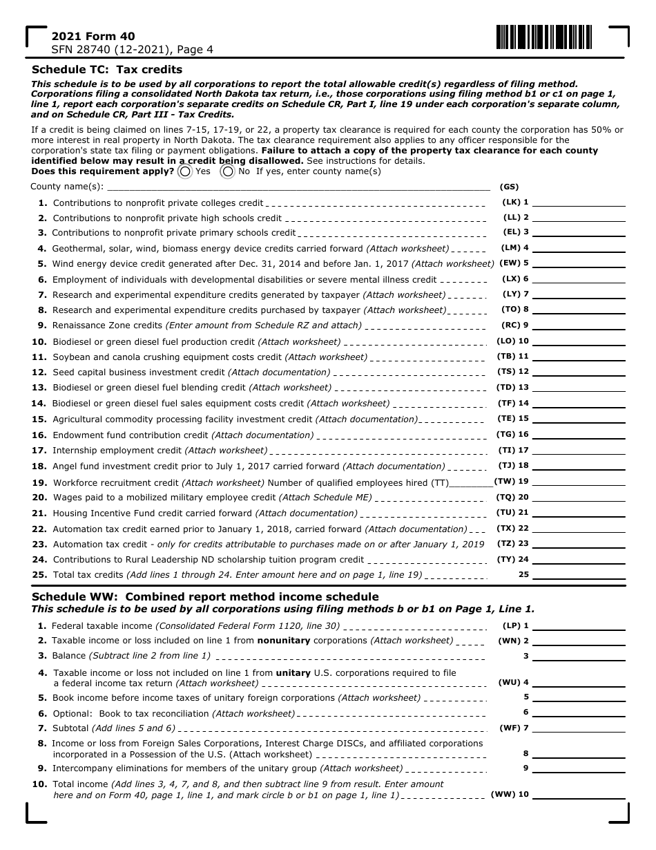 Form 40 (SFN28740) Corporation Income Tax Return - North Dakota, Page 4