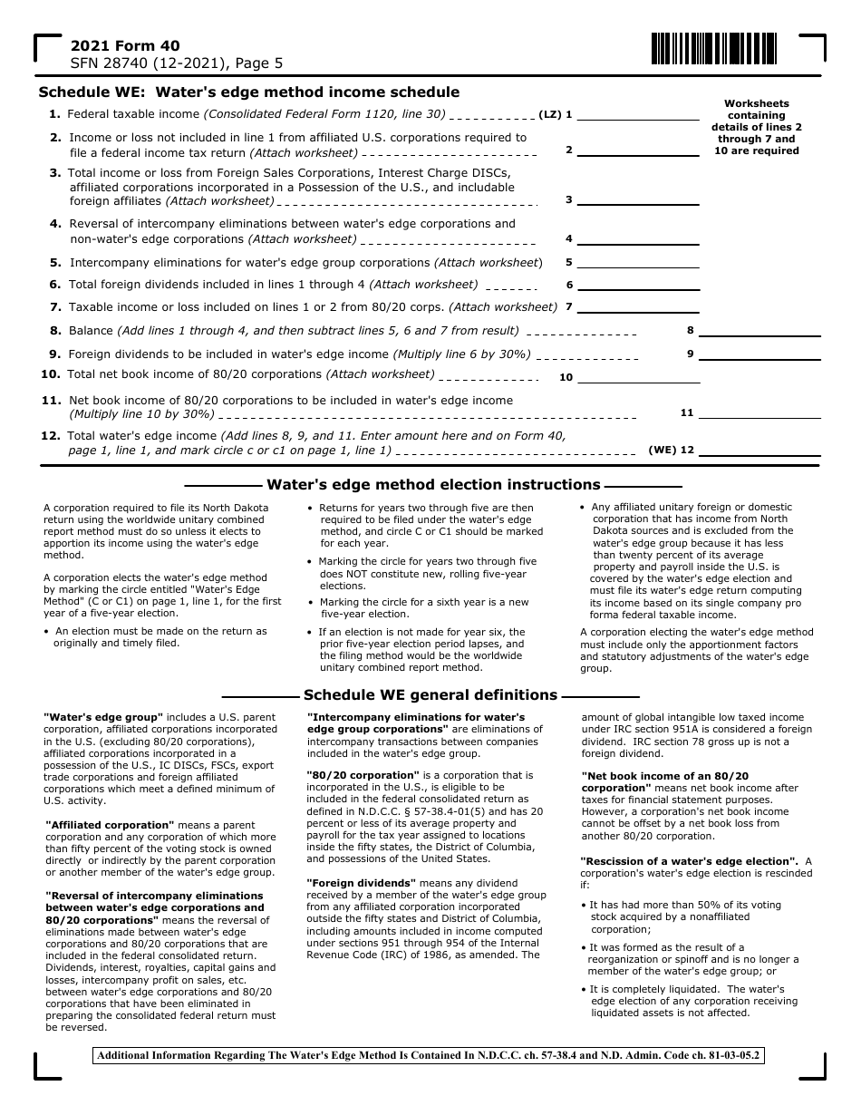 Form 40 (SFN28740) Corporation Income Tax Return - North Dakota, Page 5