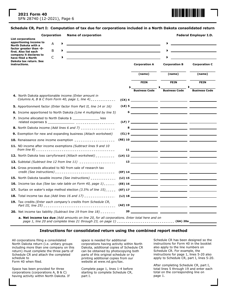 Form 40 (SFN28740) Corporation Income Tax Return - North Dakota, Page 6