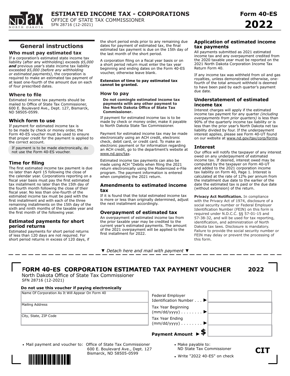 Form 40-ES (SFN28716) Corporation Estimated Tax Payment Voucher - North Dakota, Page 1