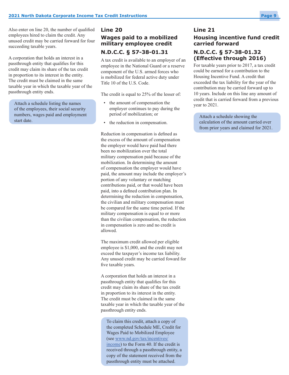 Instructions for Form 40, SFN28740 Schedule TC Corporate Income Tax Credits - North Dakota, Page 11