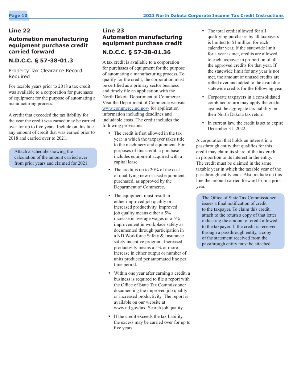 Instructions for Form 40, SFN28740 Schedule TC Corporate Income Tax Credits - North Dakota, Page 12