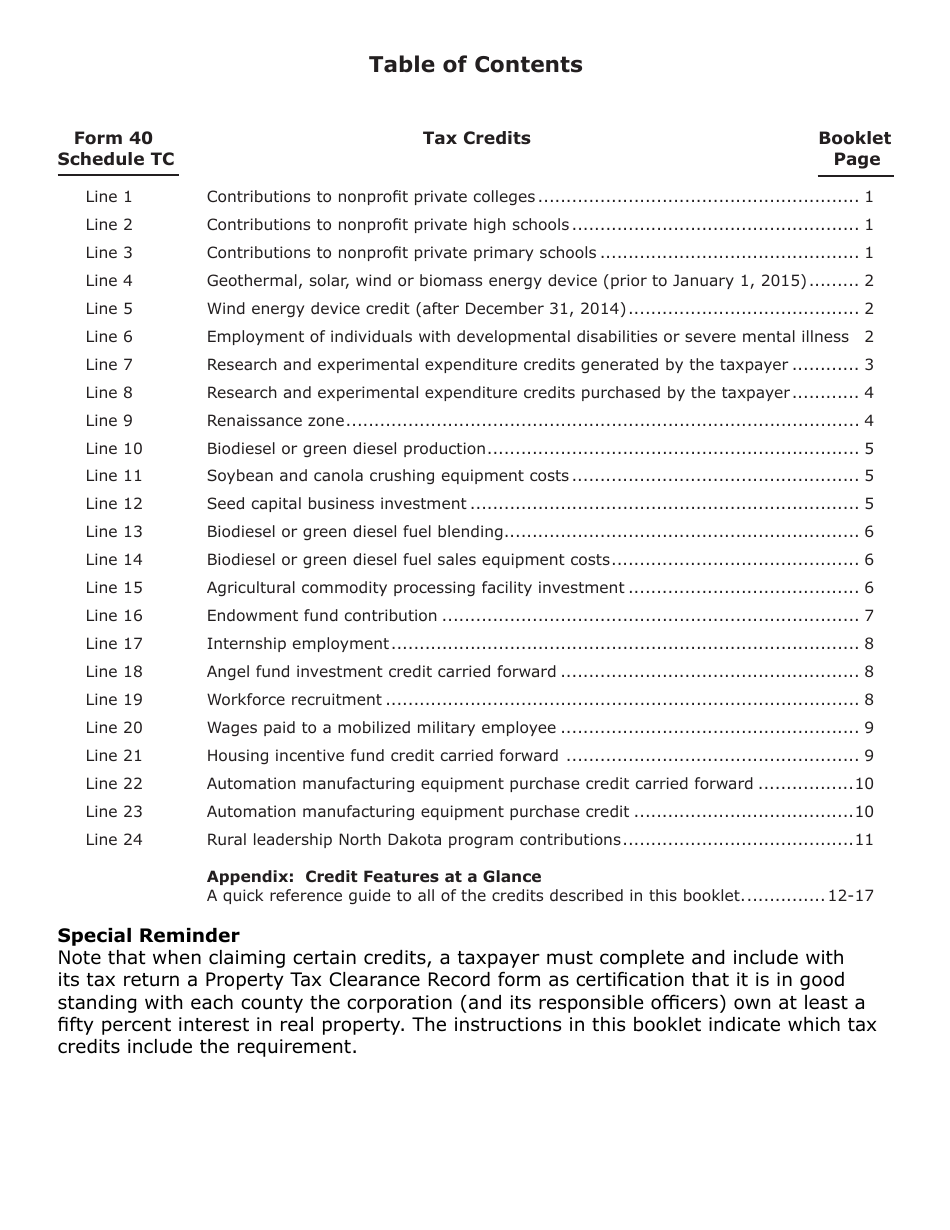 Instructions for Form 40, SFN28740 Schedule TC Corporate Income Tax Credits - North Dakota, Page 2