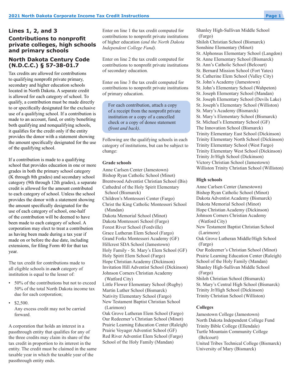 Instructions for Form 40, SFN28740 Schedule TC Corporate Income Tax Credits - North Dakota, Page 3
