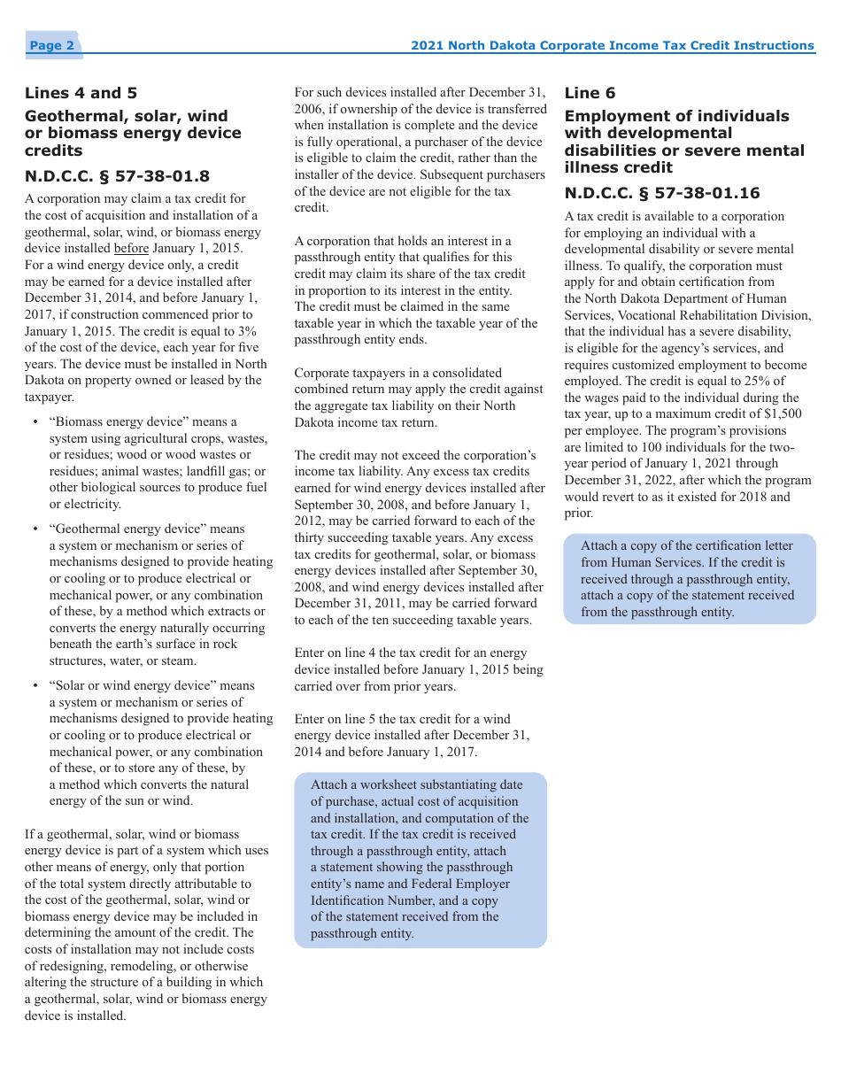 Instructions for Form 40, SFN28740 Schedule TC Corporate Income Tax Credits - North Dakota, Page 4