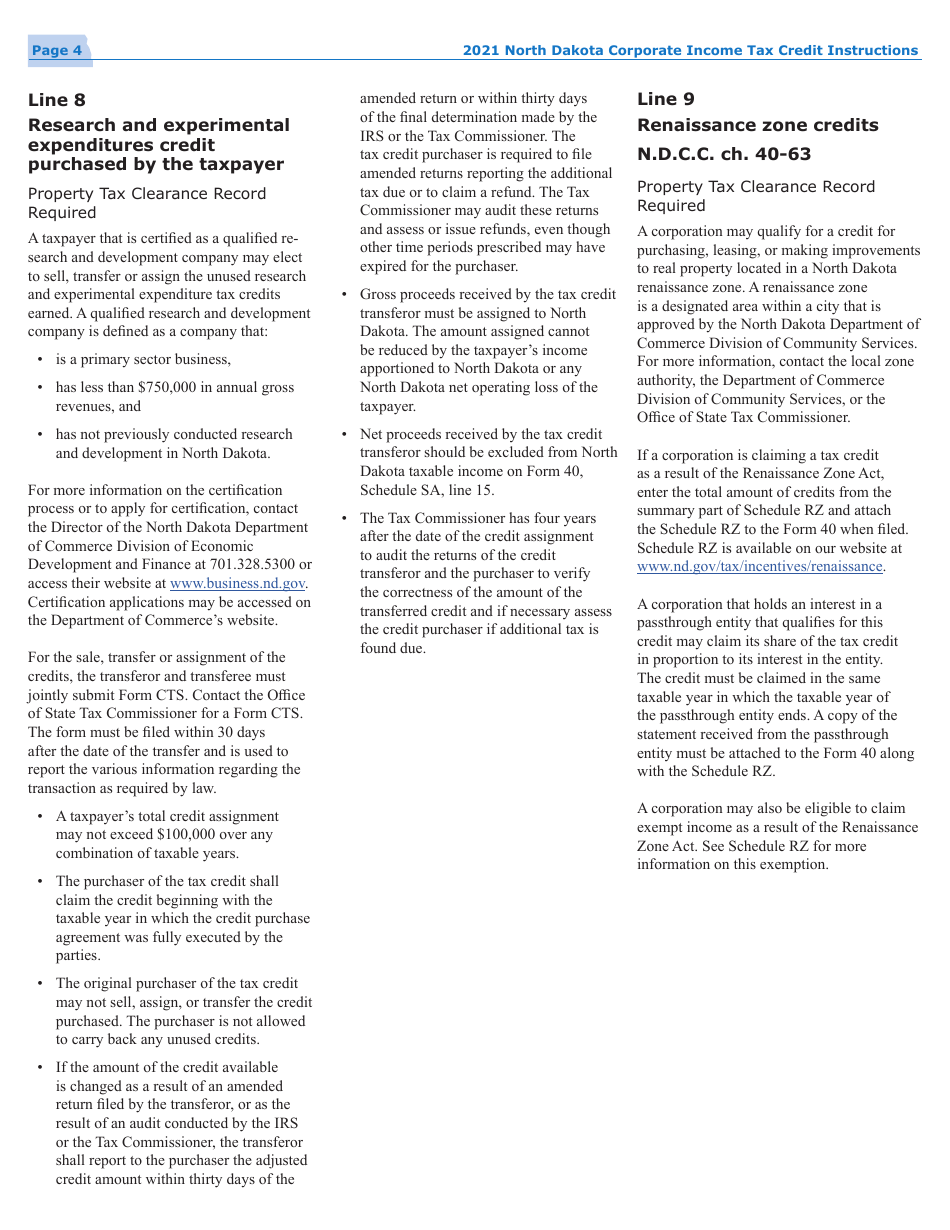 Instructions for Form 40, SFN28740 Schedule TC Corporate Income Tax Credits - North Dakota, Page 6
