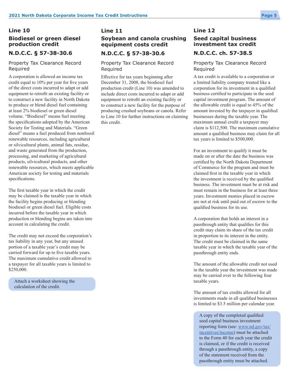 Instructions for Form 40, SFN28740 Schedule TC Corporate Income Tax Credits - North Dakota, Page 7