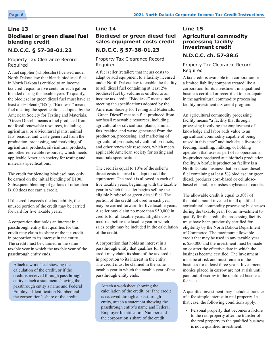 Instructions for Form 40, SFN28740 Schedule TC Corporate Income Tax Credits - North Dakota, Page 8