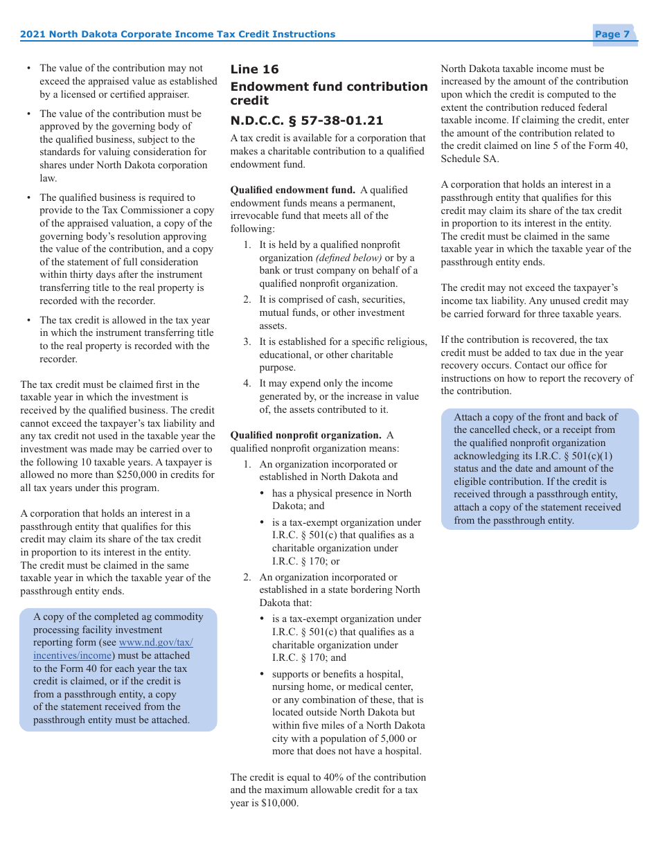 Instructions for Form 40, SFN28740 Schedule TC Corporate Income Tax Credits - North Dakota, Page 9