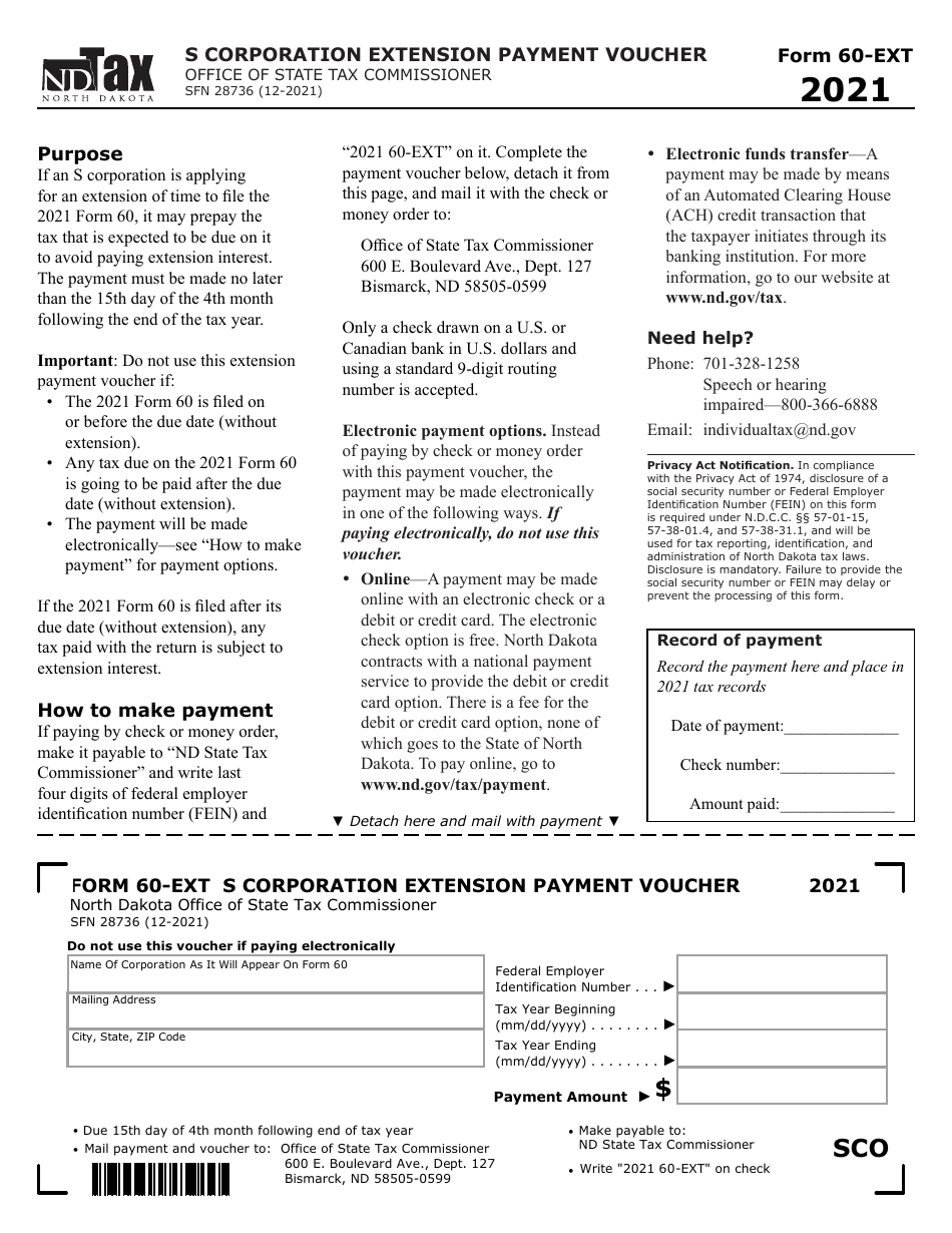 Form 60-EXT (SFN28736) S Corporation Extension Payment Voucher - North Dakota, Page 1