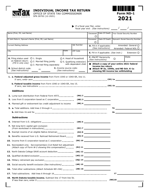 Form ND-1 (SFN28702) 2021 Printable Pdf