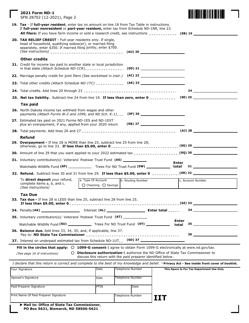 Form ND-1 (SFN28702) Individual Income Tax Return - North Dakota, Page 2