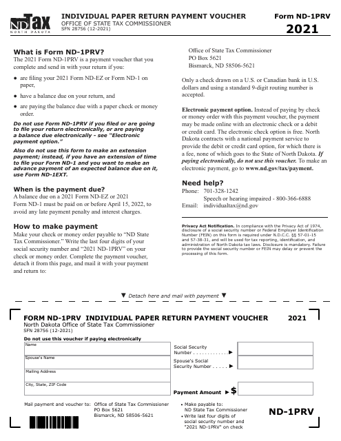 Form ND-1PVR Individual Paper Return Payment Voucher - North Dakota, 2021