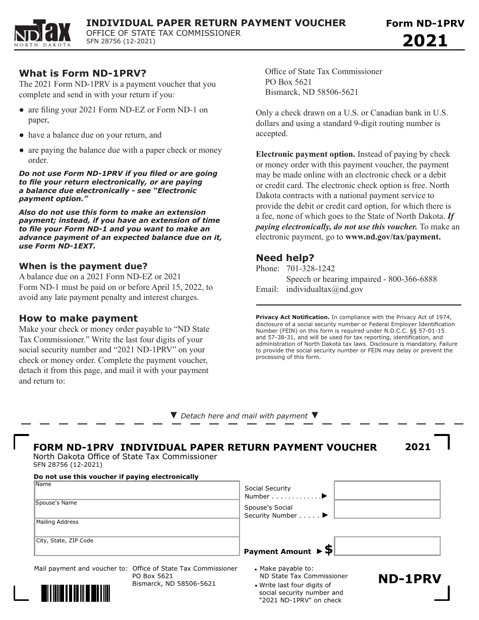 Form ND-1PVR Individual Paper Return Payment Voucher - North Dakota, Page 1