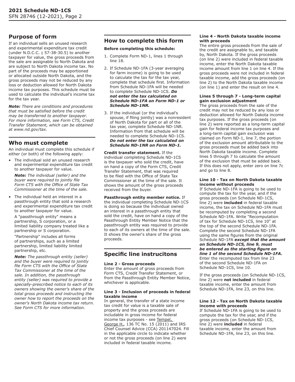 Form SFN28746 Schedule ND-1CS Calculation of Tax on Proceeds From Sale of Income Tax Credit - North Dakota, Page 2