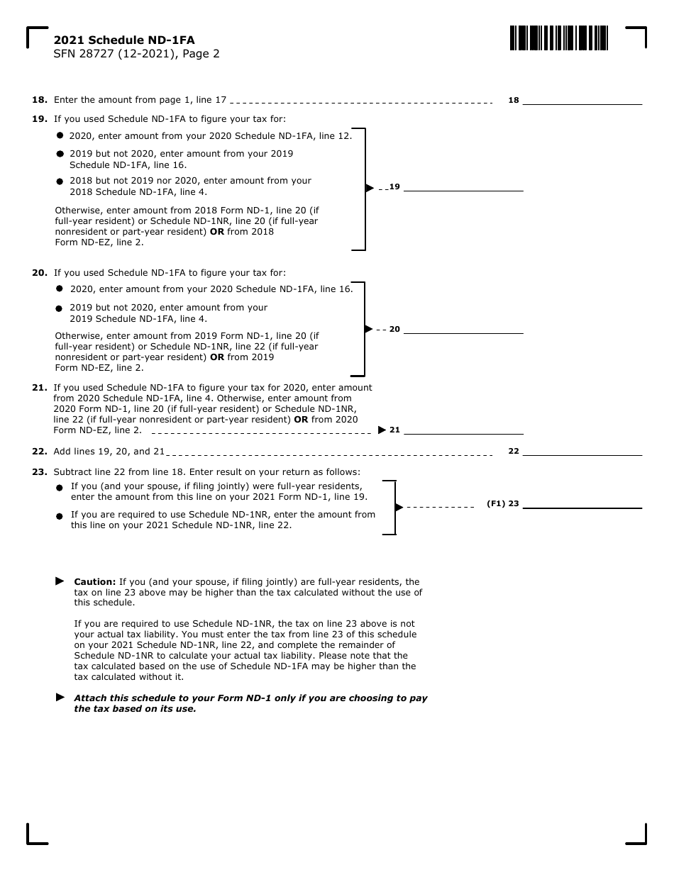 Form SFN28727 Schedule ND-1FA Tax Under 3-year Averaging Method for Elected Farm Income - North Dakota, Page 2