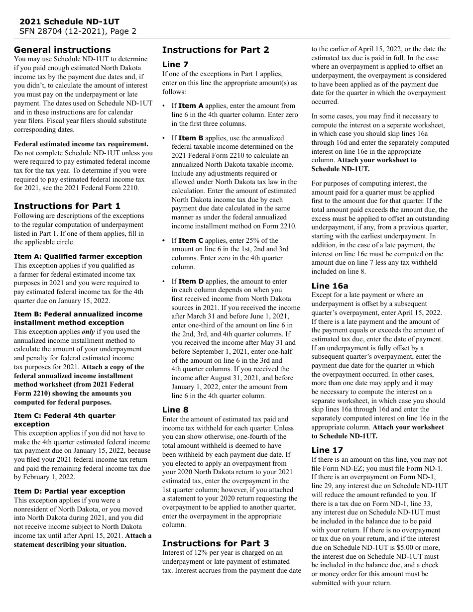 Form SFN28704 Schedule ND-1UT Underpayment or Late Payment of Estimated Income Tax for Individuals - North Dakota, Page 2