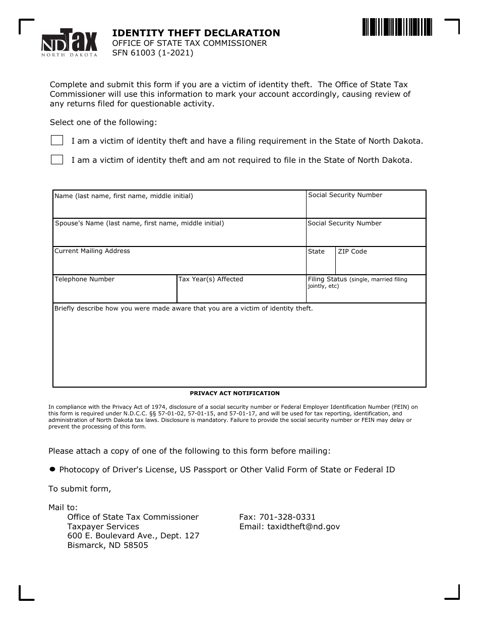 Form SFN61003 Identity Theft Declaration - North Dakota, Page 1