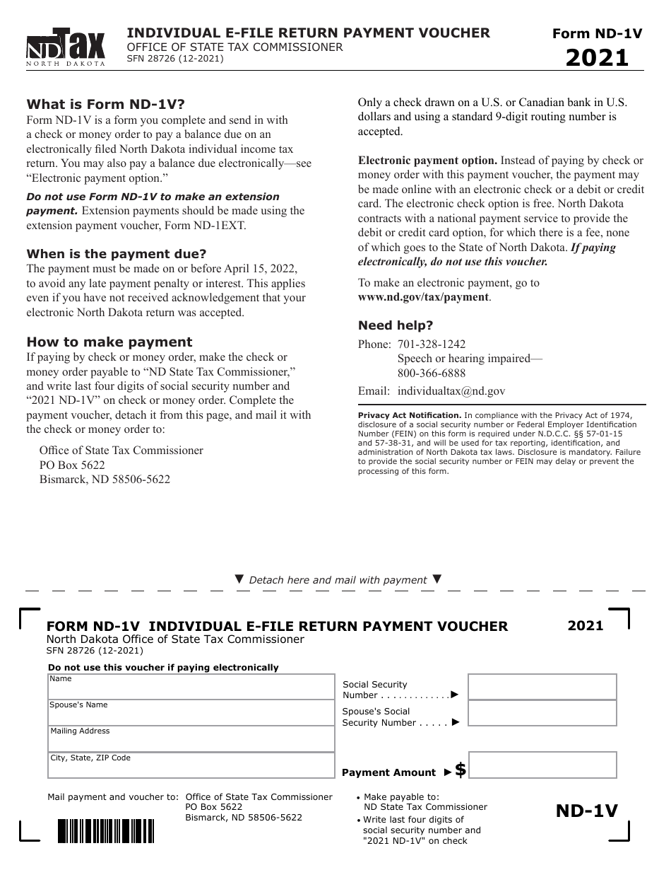 Form ND-1V (SFN28726) Individual E-File Return Payment Voucher - North Dakota, Page 1