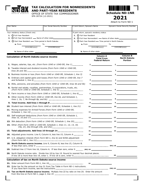 Form SFN28724 Schedule ND-1NR 2021 Printable Pdf