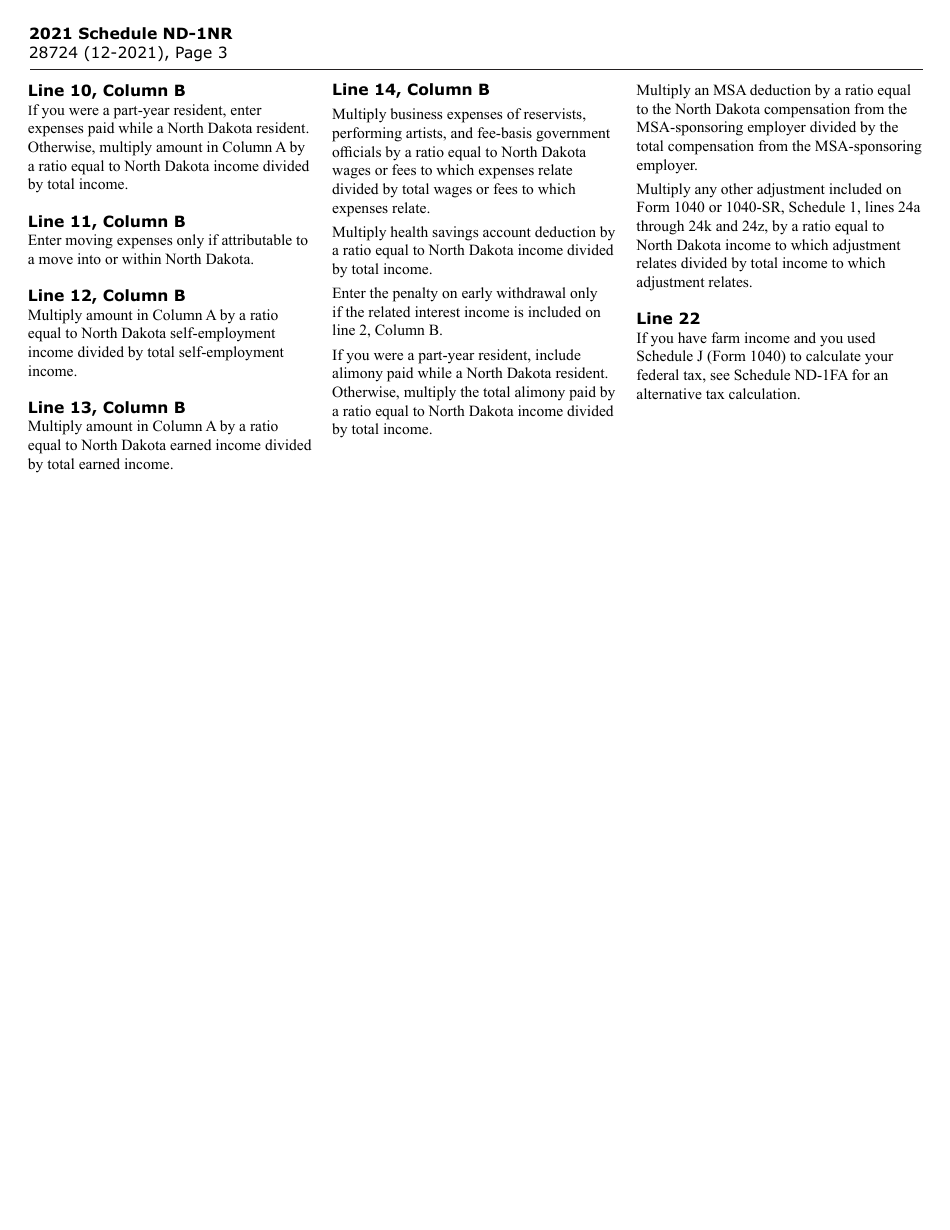 Form SFN28724 Schedule ND-1NR Tax Calculation for Nonresidents and Part-Year Residents - North Dakota, Page 3