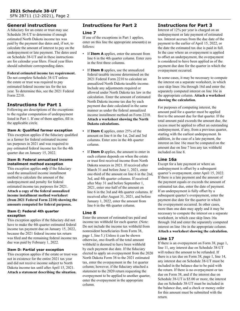 Form SFN28711 Schedule 38-UT Calculation of Interest on Underpayment or Late Payment of Estimated Income Tax for Estates and Trusts - North Dakota, Page 2