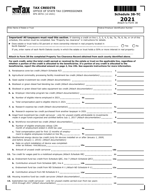 Form SFN28701 Schedule 38-TC  Printable Pdf