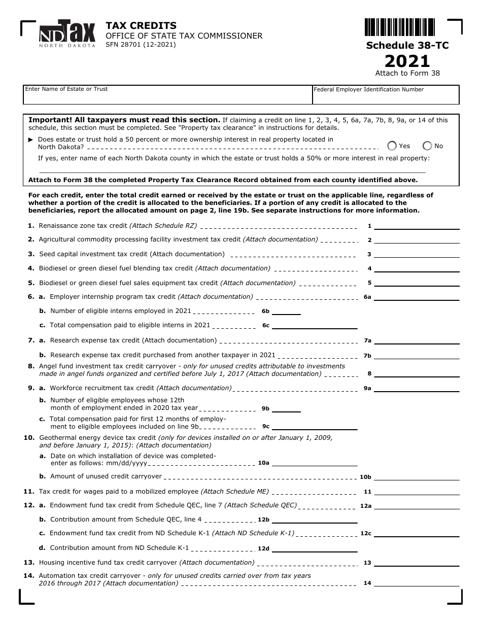 Form SFN28701 Schedule 38-TC Tax Credits - North Dakota, Page 1