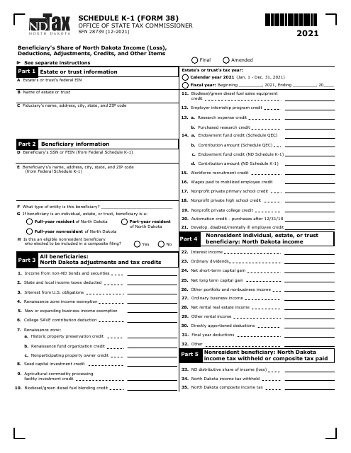 Form 38 (SFN28739) Schedule K-1 2021 Printable Pdf
