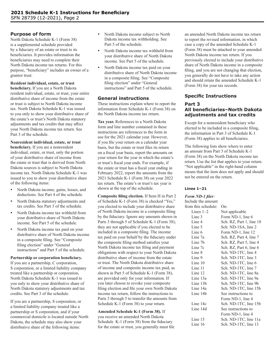 Form 38 (SFN28739) Schedule K-1 Beneficiarys Share of North Dakota Income (Loss), Deductions, Adjustments, Credits, and Other Items - North Dakota, Page 2