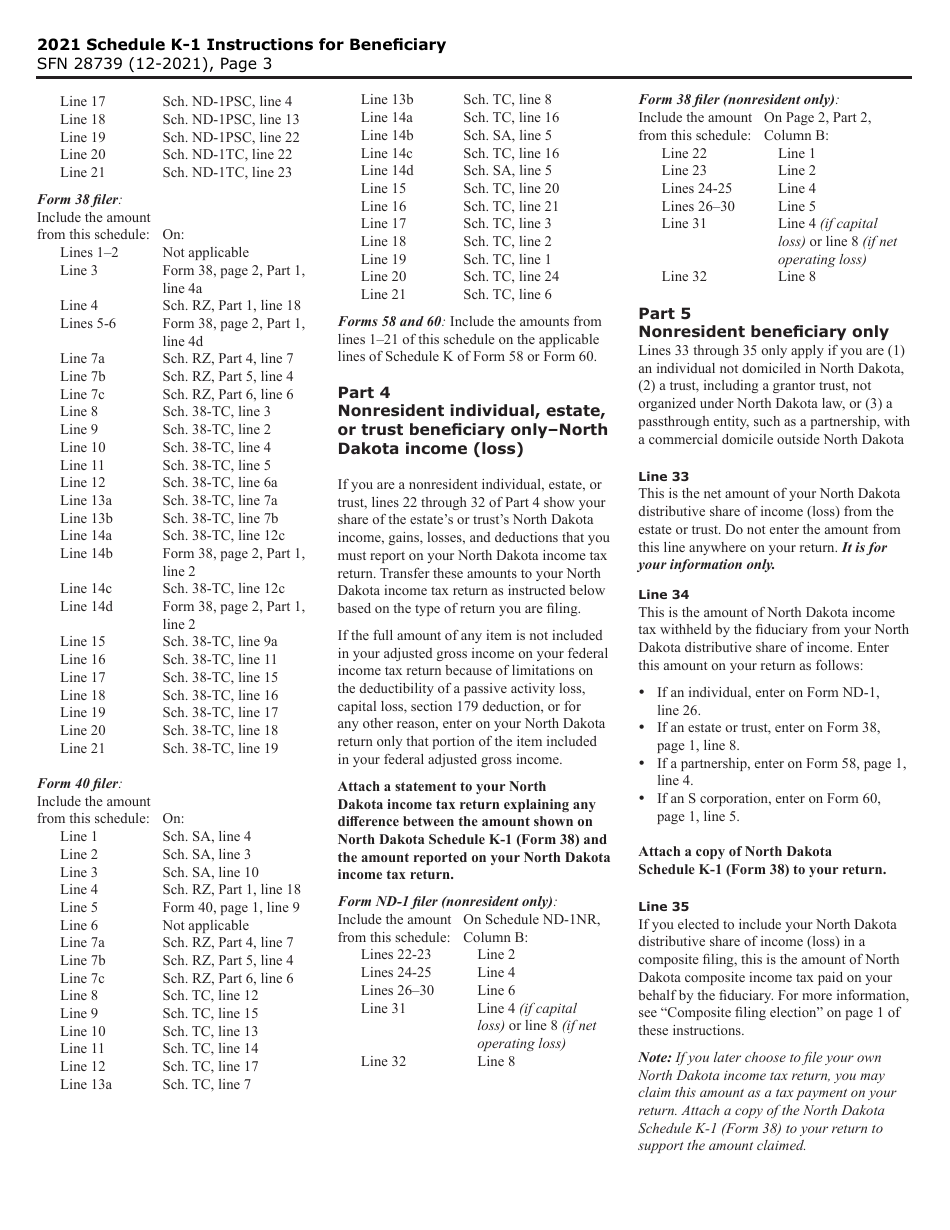 Form 38 (SFN28739) Schedule K-1 Beneficiarys Share of North Dakota Income (Loss), Deductions, Adjustments, Credits, and Other Items - North Dakota, Page 3